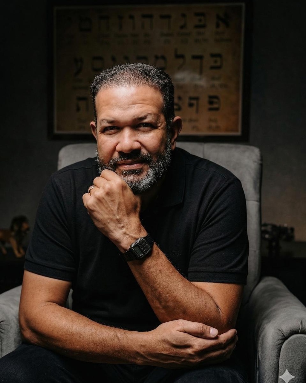 Professor Eudes, criador do Hebraico Fácil, no estúdio com o quadro do aleph-bet ao fundo